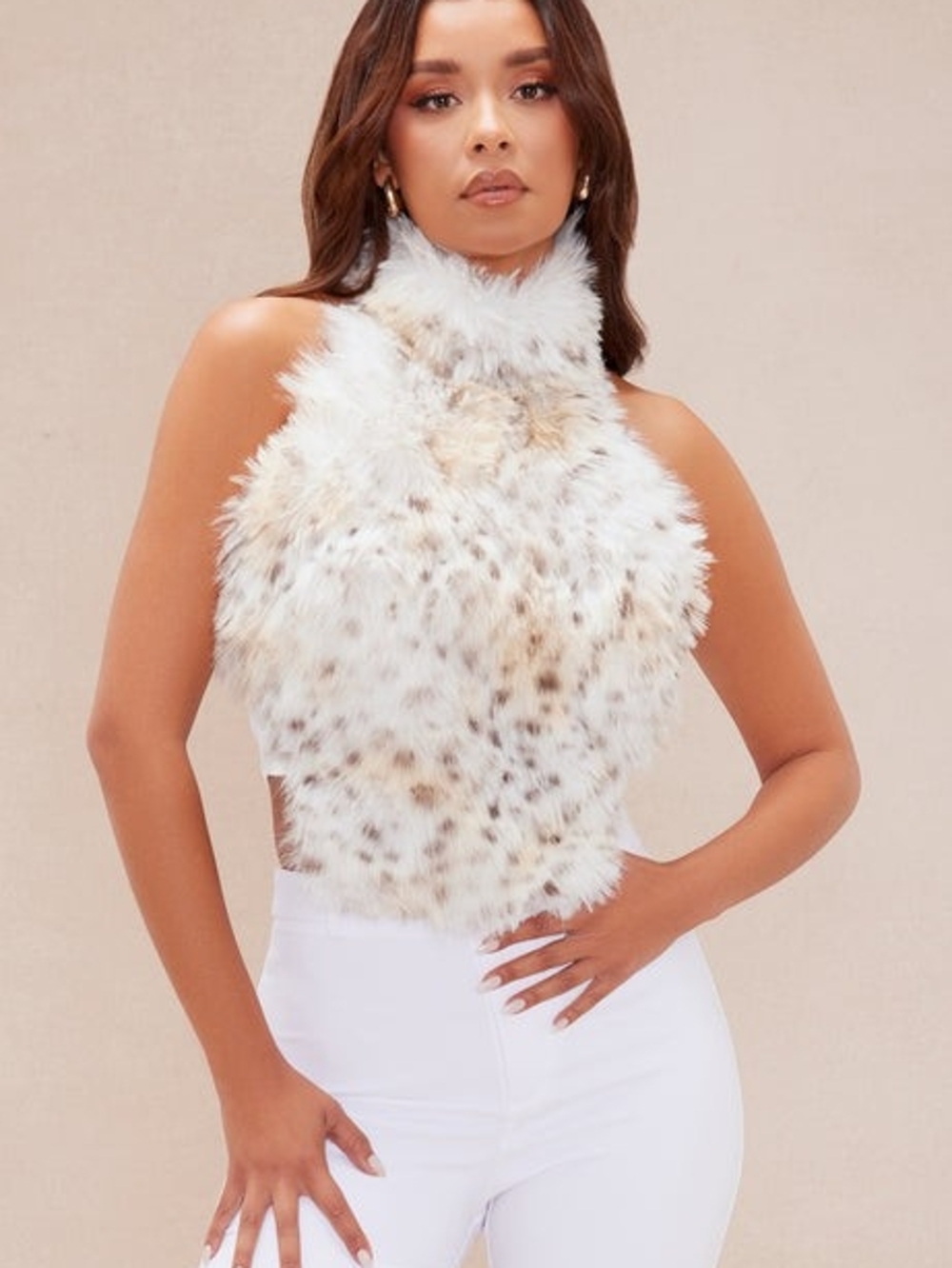 NWT Faux Fur Halter Top Cream Backless Mock Neck Party Club Night Out Bridal